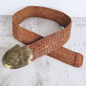 Vintage Bohemian Woven Braided Leather Wide Belt Hamsa Etched Metalwork Buckle